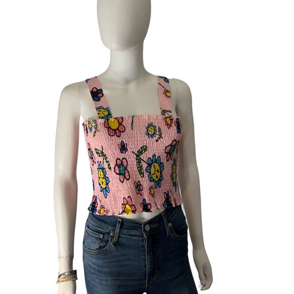 Lazy Oaf Pink Cropped Airbrush Flowers Shirred Tank Top, US 4 - Picture 1 of 7